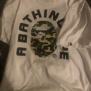 Bape White Tee with Green Camouflage Logo